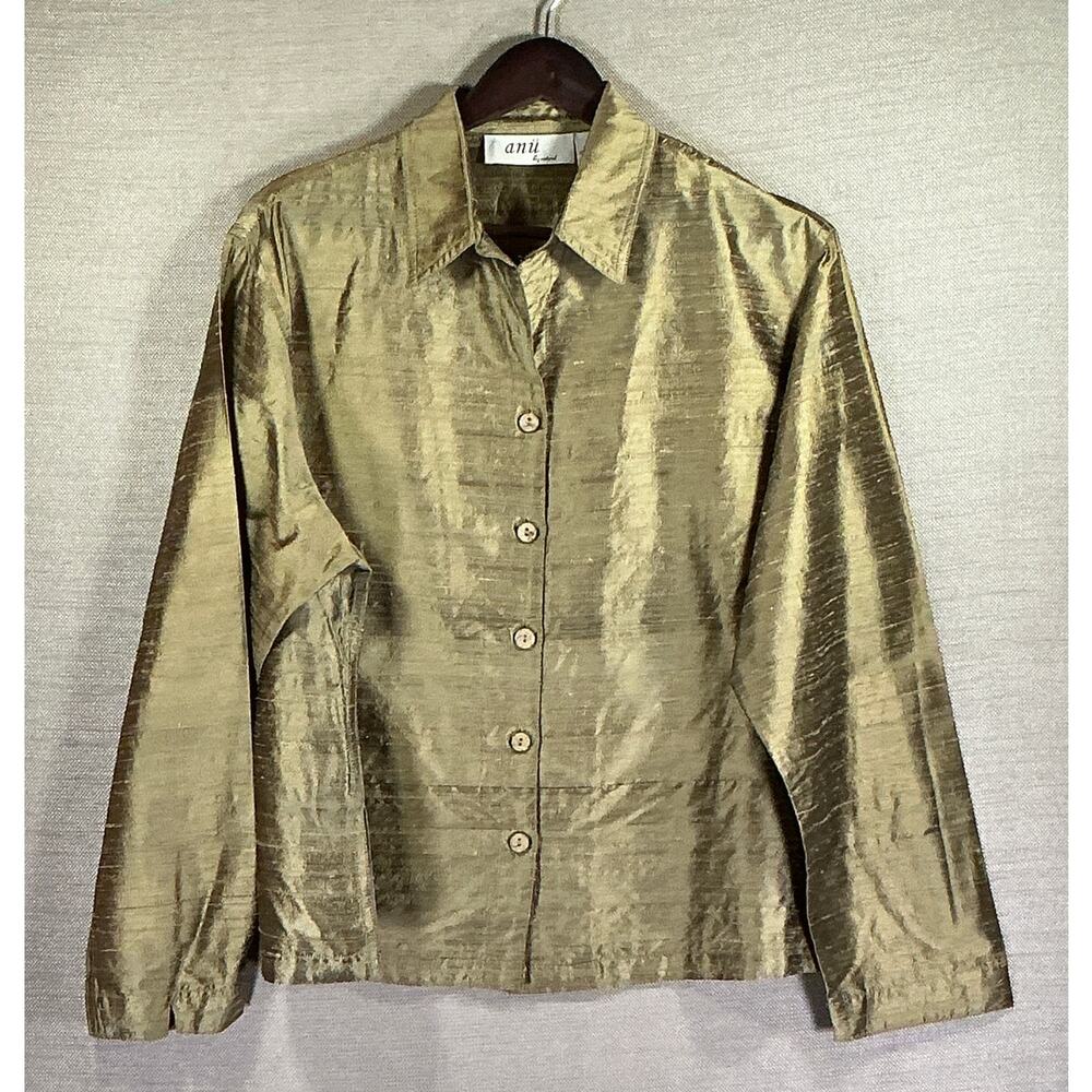 Anu By Natural 100% Pure Silk Olive Gold Shimmer‎ Women's L Button Down Blouse